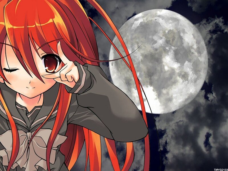 Red-haired Anime Girl — Red, Dramatic, Night, Moon