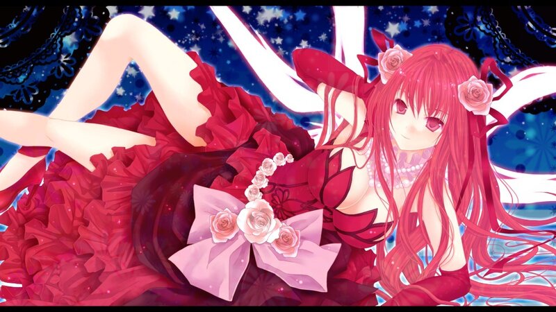 Red-haired Anime Girl — Red, Dramatic, Night, Roses