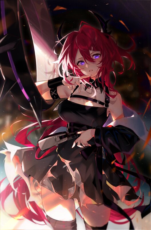 Red-haired Anime Girl — Red, Dramatic, Night, Sword, Horns
