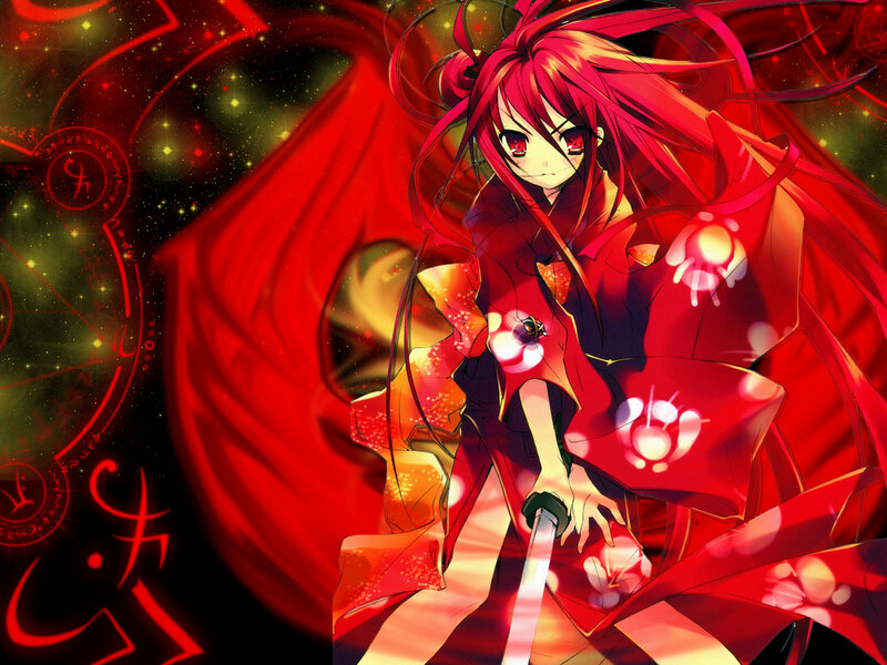 Red-haired Anime Girl — Red, Dramatic, Night, Sword, Kimono