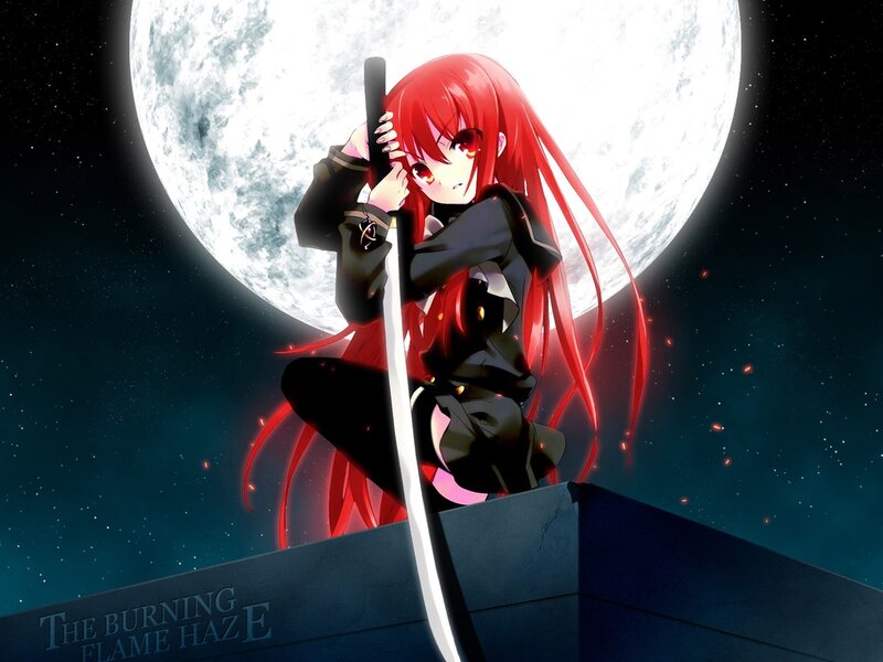 Red-haired Anime Girl — Red, Dramatic, Night, Sword, Moon
