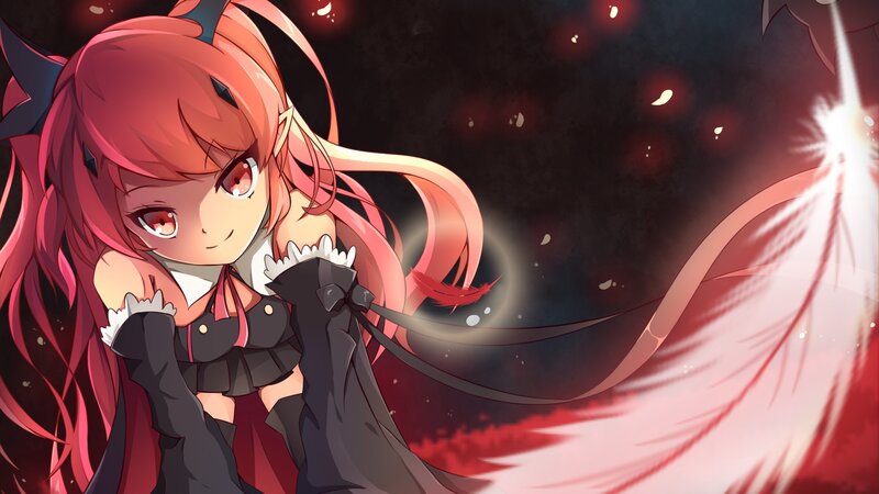 Red-haired Anime Girl — Red, Dramatic, Night, Wings, Feathers