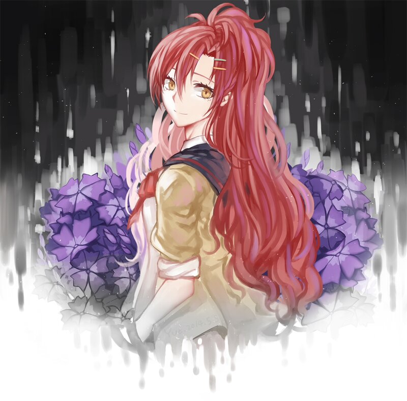 Red-haired Anime Girl — Red, Dramatic, Purple Flowers