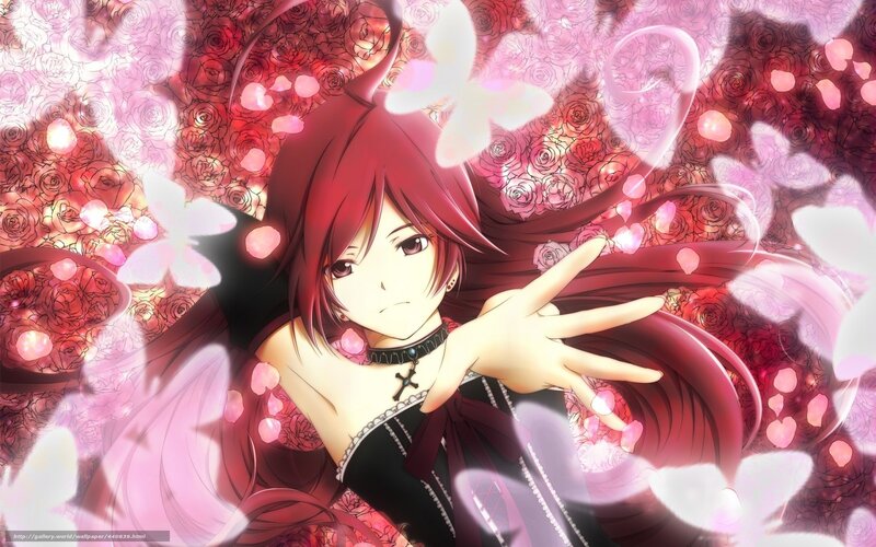 Red-haired Anime Girl — Red, Dramatic, Roses, Butterflies