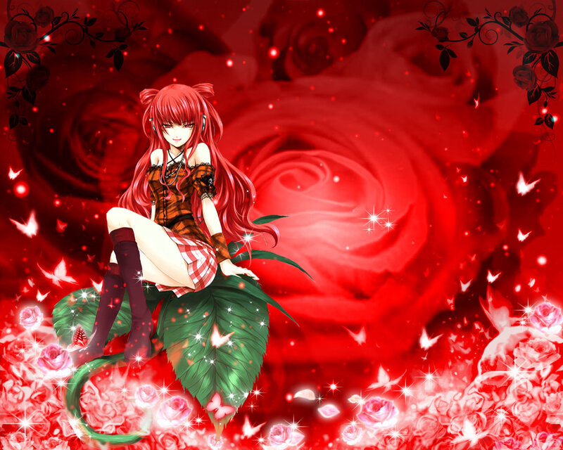 Red-haired Anime Girl — Red, Dramatic, Roses