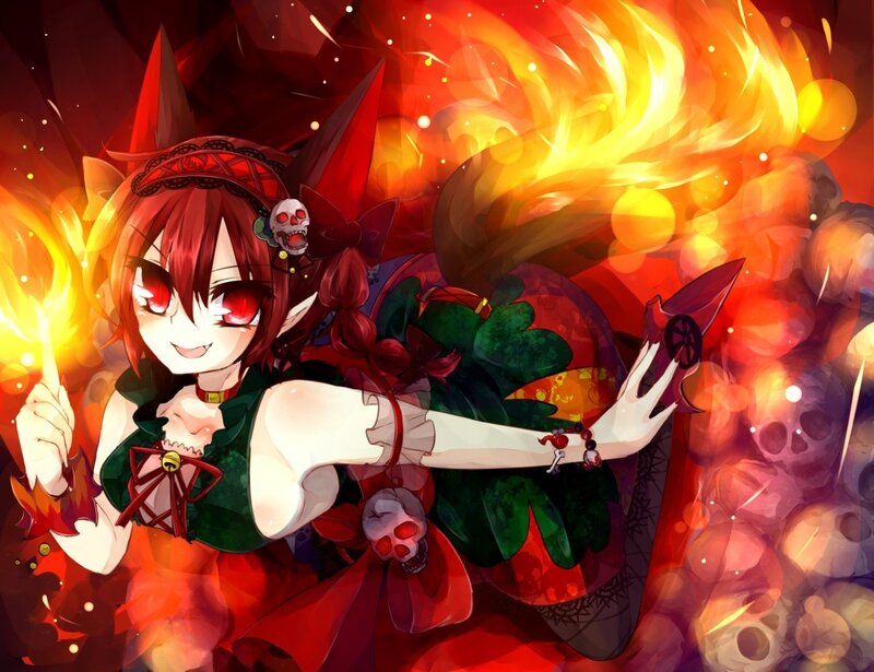 Red-haired Anime Girl — Red, Dramatic, Skulls, Fire