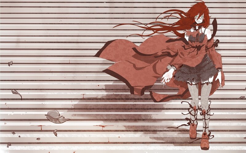 Red-haired Anime Girl — Red, Dramatic, Striped Background