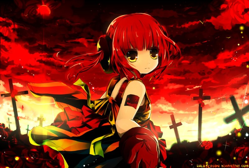 Red-haired Anime Girl — Red, Dramatic, Sunset, Crosses