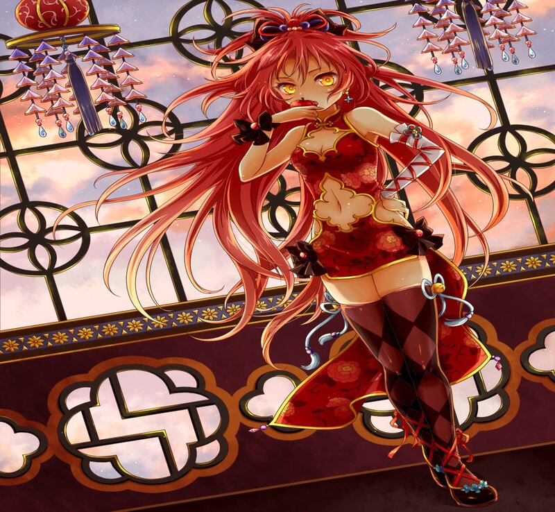 Red-haired Anime Girl — Red, Dramatic, Sunset, Lanterns