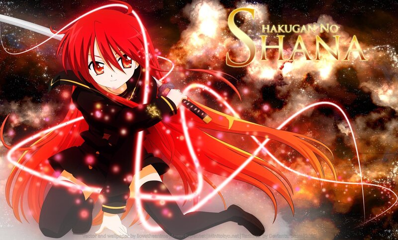 Red-haired Anime Girl — Red, Dramatic, Sword, Cosmic Background