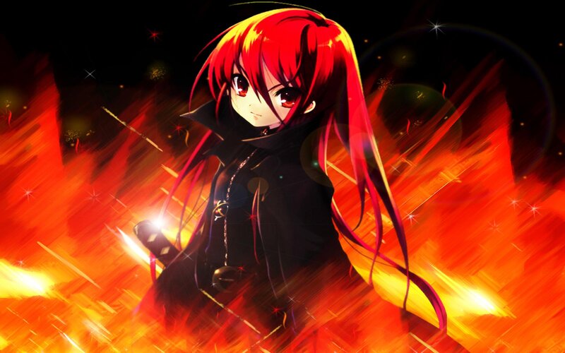 Red-haired Anime Girl — Red, Dramatic, Sword, Fire, Sparkles