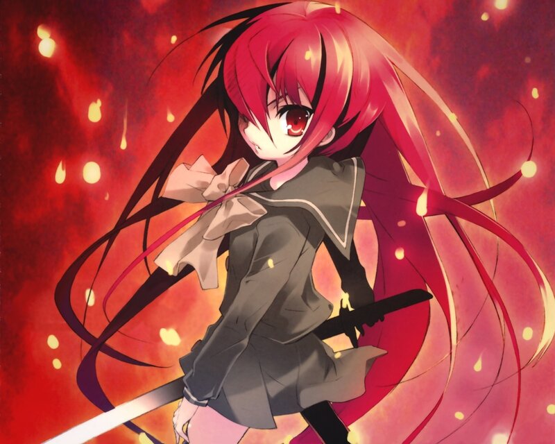 Red-haired Anime Girl — Red, Dramatic, Sword, School Uniform, Fire