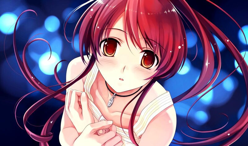 Red-haired Anime Girl — Red, Dreamy, Night, Necklace, Blue Lights