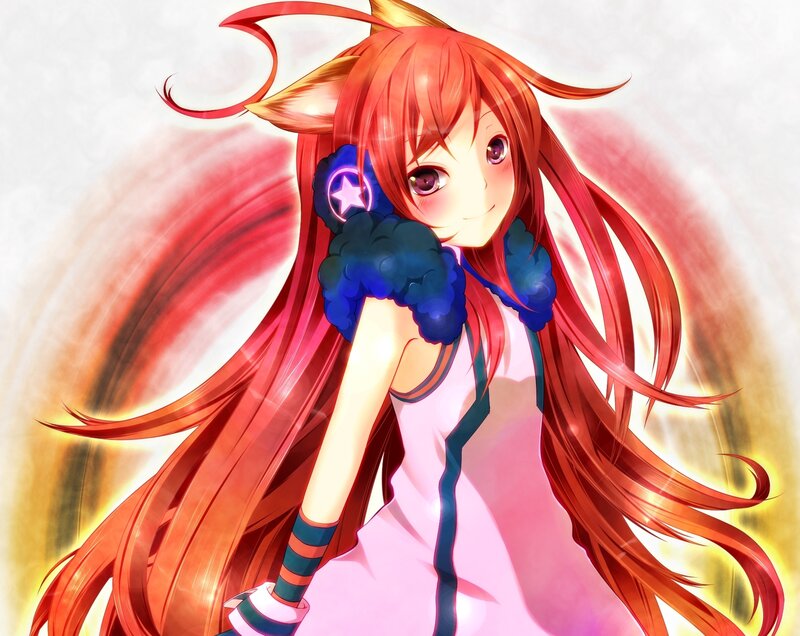 Red-haired Anime Girl — Red, Playful, Cat Ears, Headphones