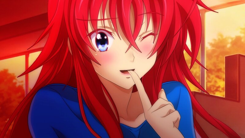 Red-haired Anime Girl — Red, Playful, Sunset, Blue Shirt