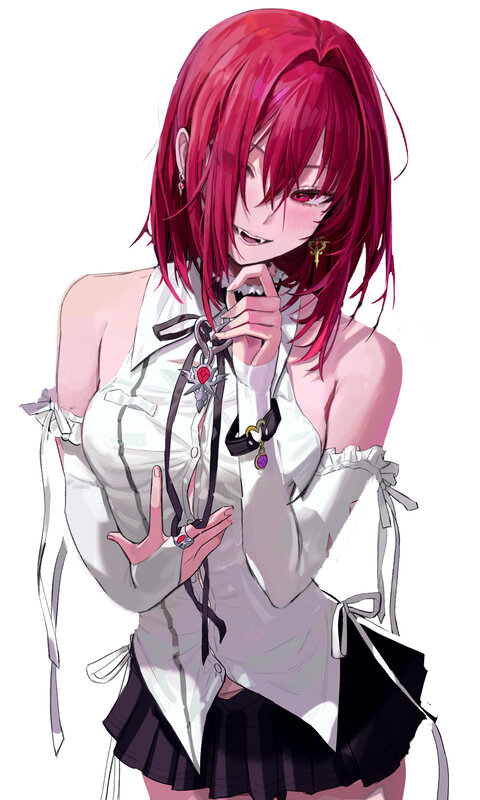 Red-haired Anime Girl — Red, Playful, White Shirt, Black Skirt