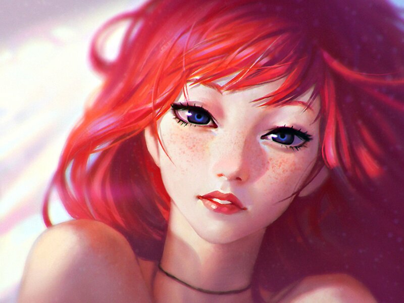 Red-haired Anime Girl — Red, Serene, Digital Art
