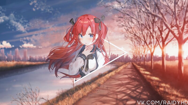 Red-haired Anime Girl — Red, Serene, Sunset, City Skyline