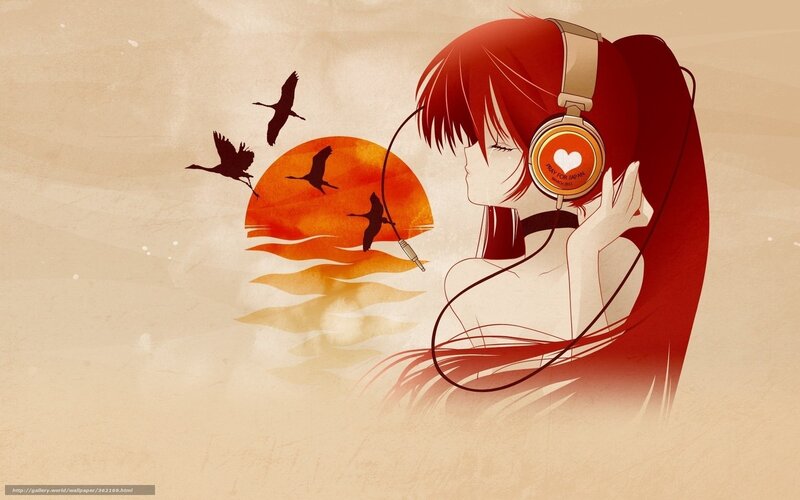 Red-haired Anime Girl — Red, Serene, Sunset, Headphones