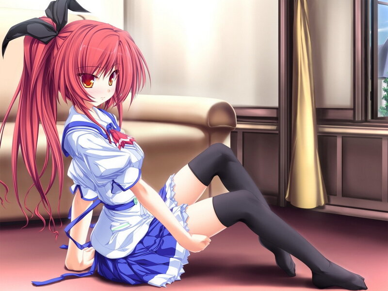 red-haired anime girl sitting on floor