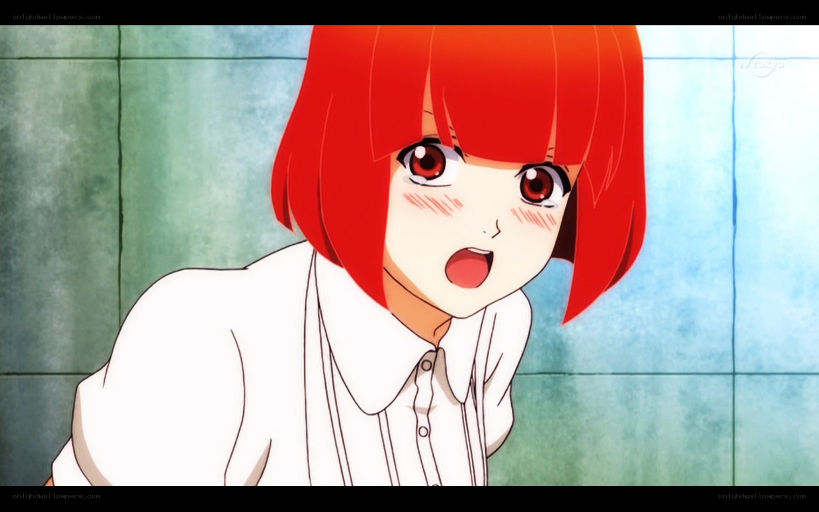 red-haired anime girl surprised