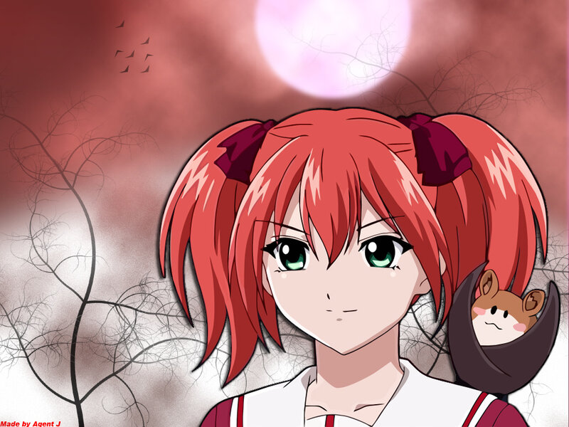 red-haired anime girl with animal