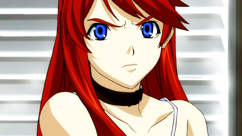 red-haired anime girl with blue eyes
