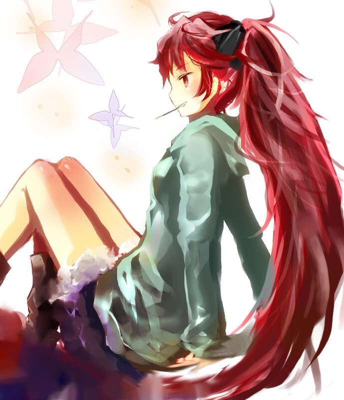 red-haired anime girl with cigarette