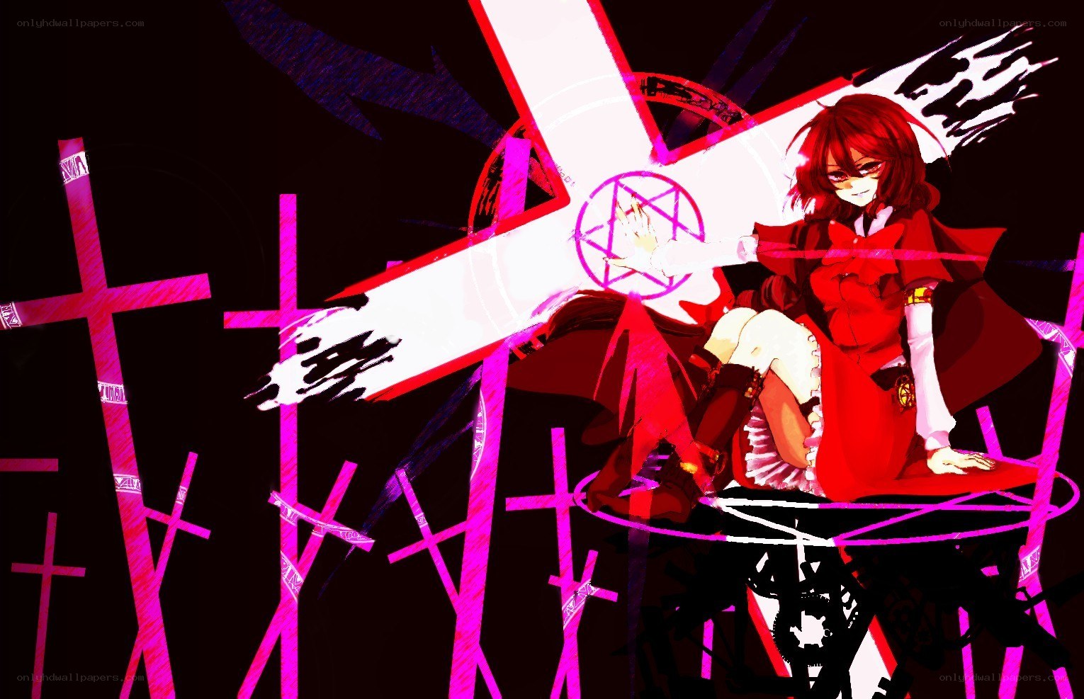 red-haired anime girl with crosses