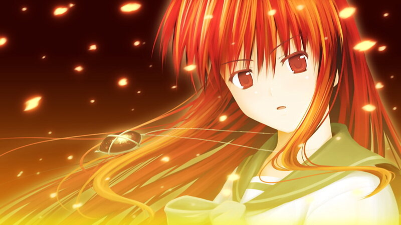 red-haired anime girl with glowing particles