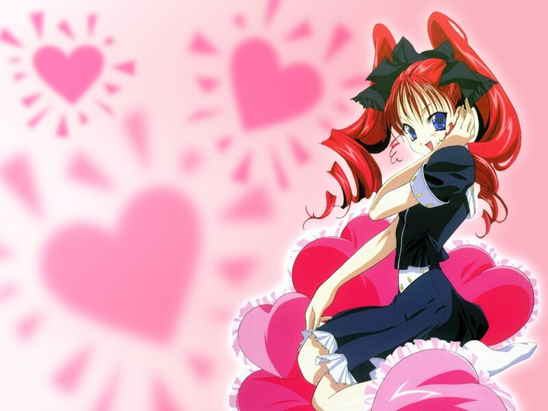 red-haired anime girl with hearts