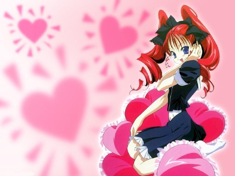 red-haired anime girl with hearts