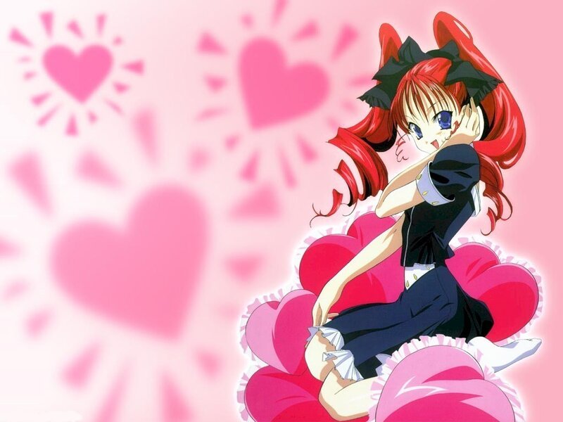 red-haired anime girl with hearts
