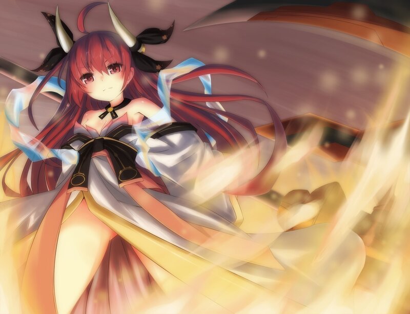 red-haired anime girl with horns
