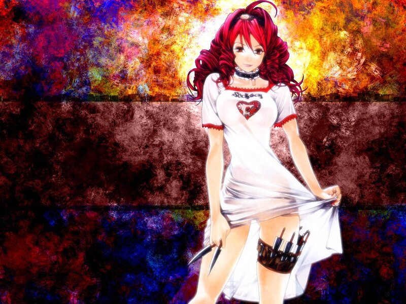 Red-haired anime girl with knives