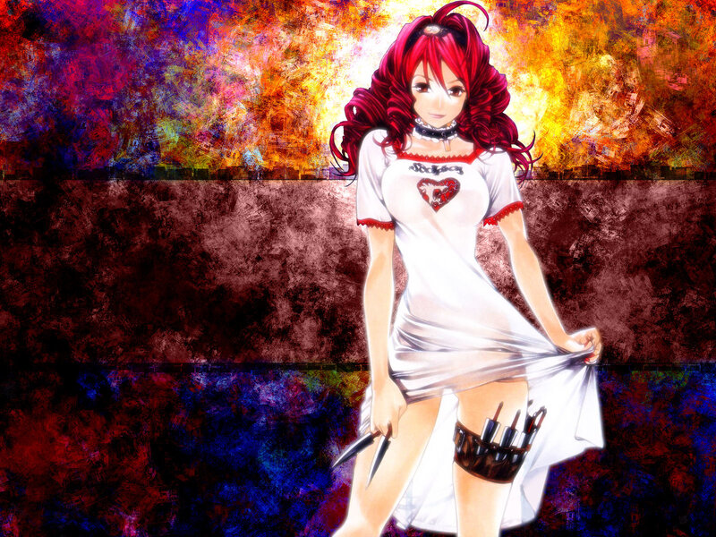 red-haired anime girl with knives