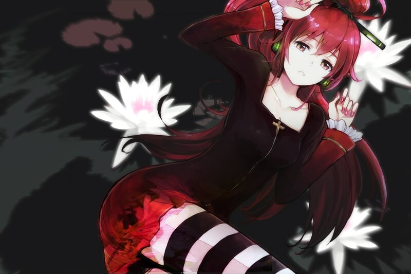 red-haired anime girl with lotus flowers