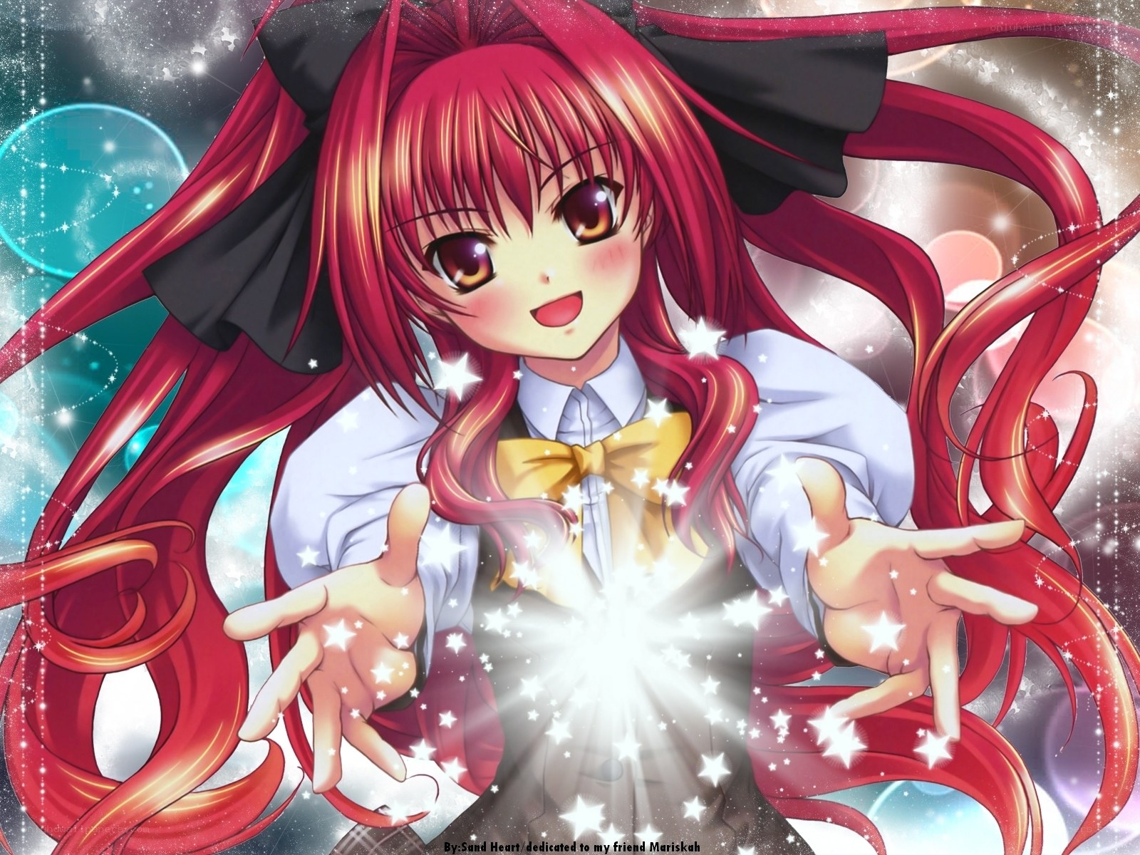 red-haired anime girl with magic