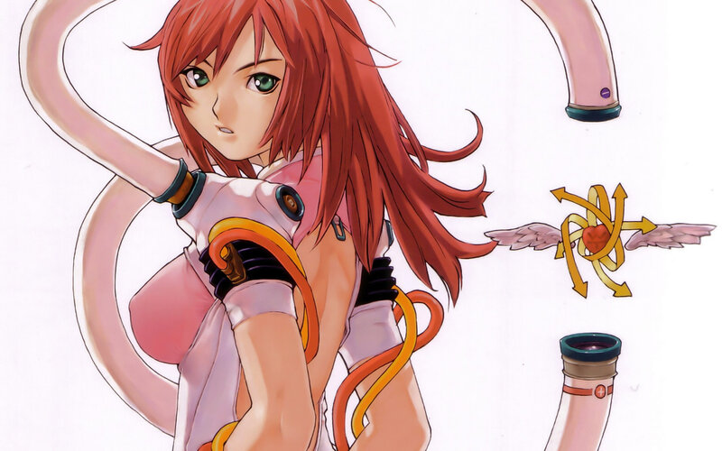 red-haired anime girl with mechanical parts