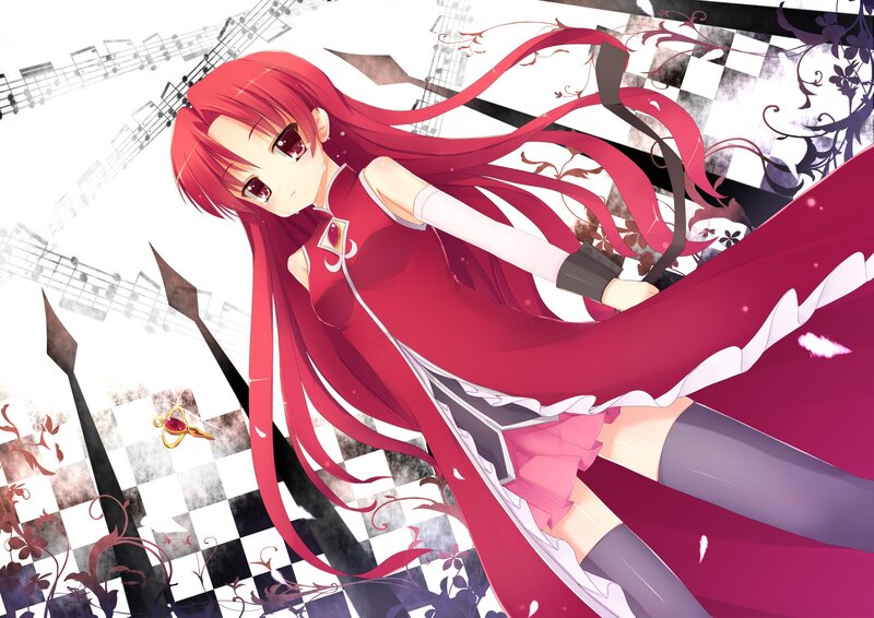 red-haired anime girl with music notes