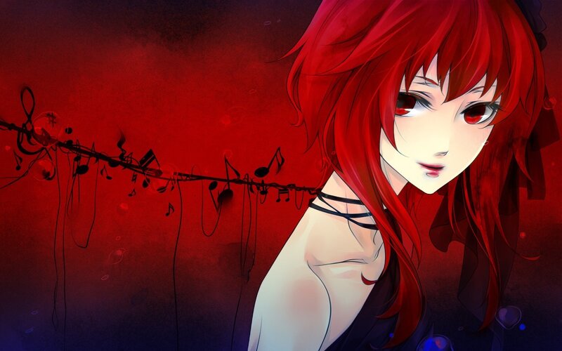 Red-haired anime girl with music notes