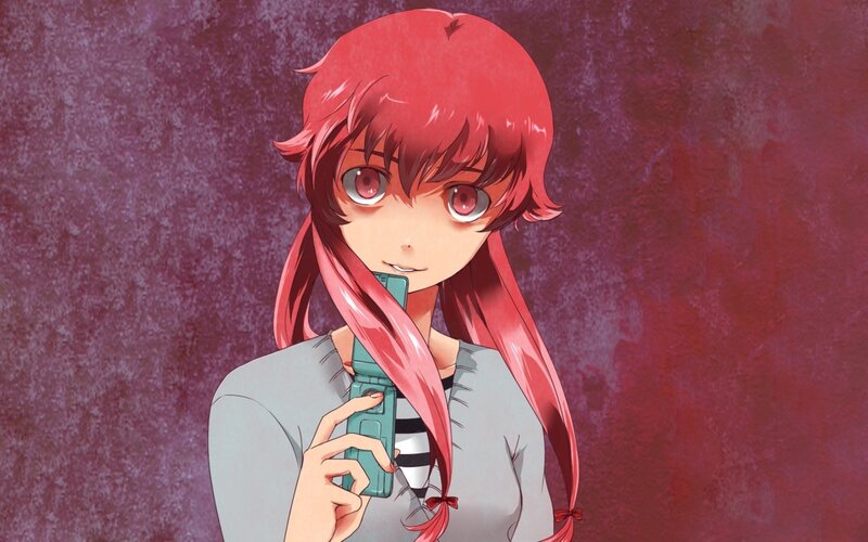 red-haired anime girl with phone