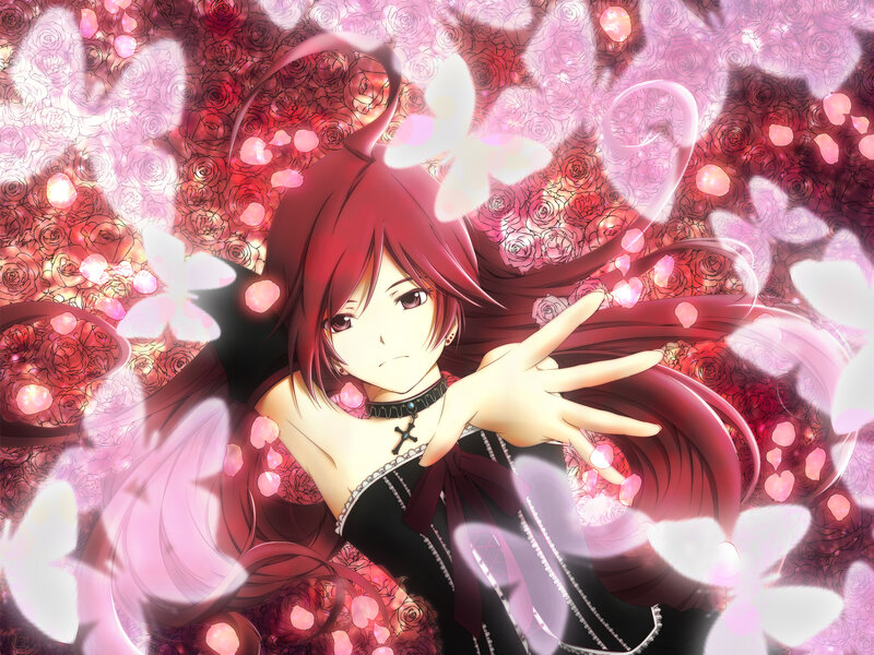 red-haired anime girl with roses