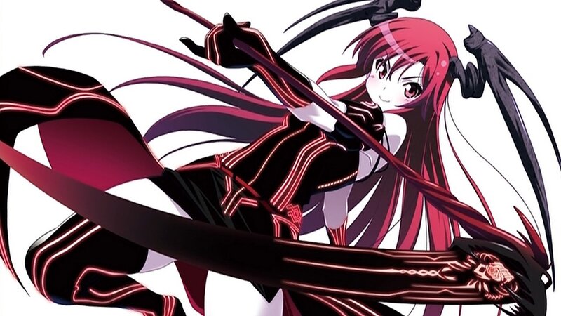 red-haired anime girl with scythe