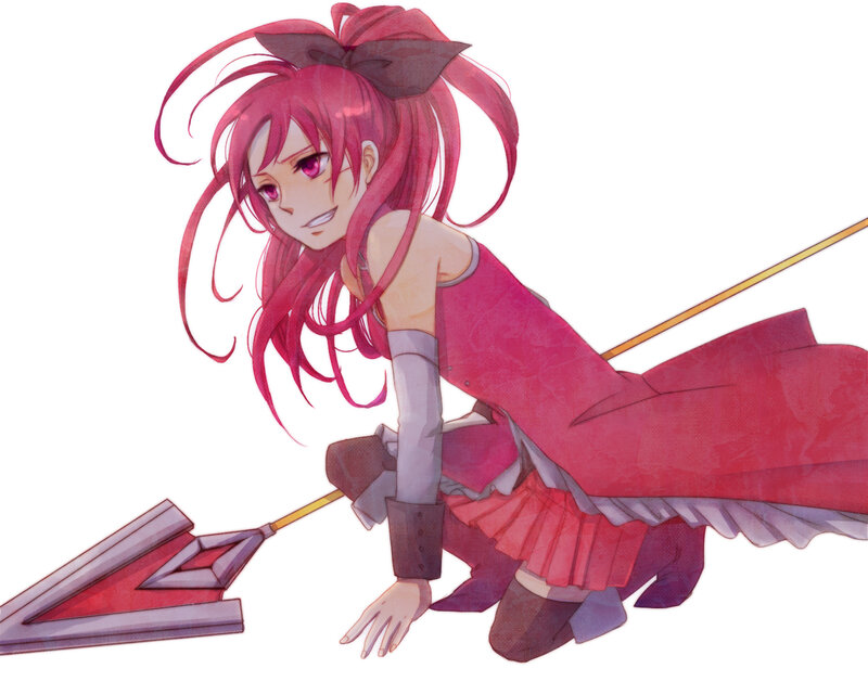 red-haired anime girl with spear