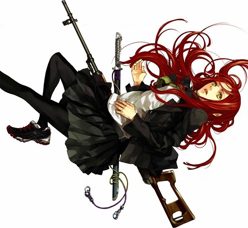 Red-haired anime girl with weapons