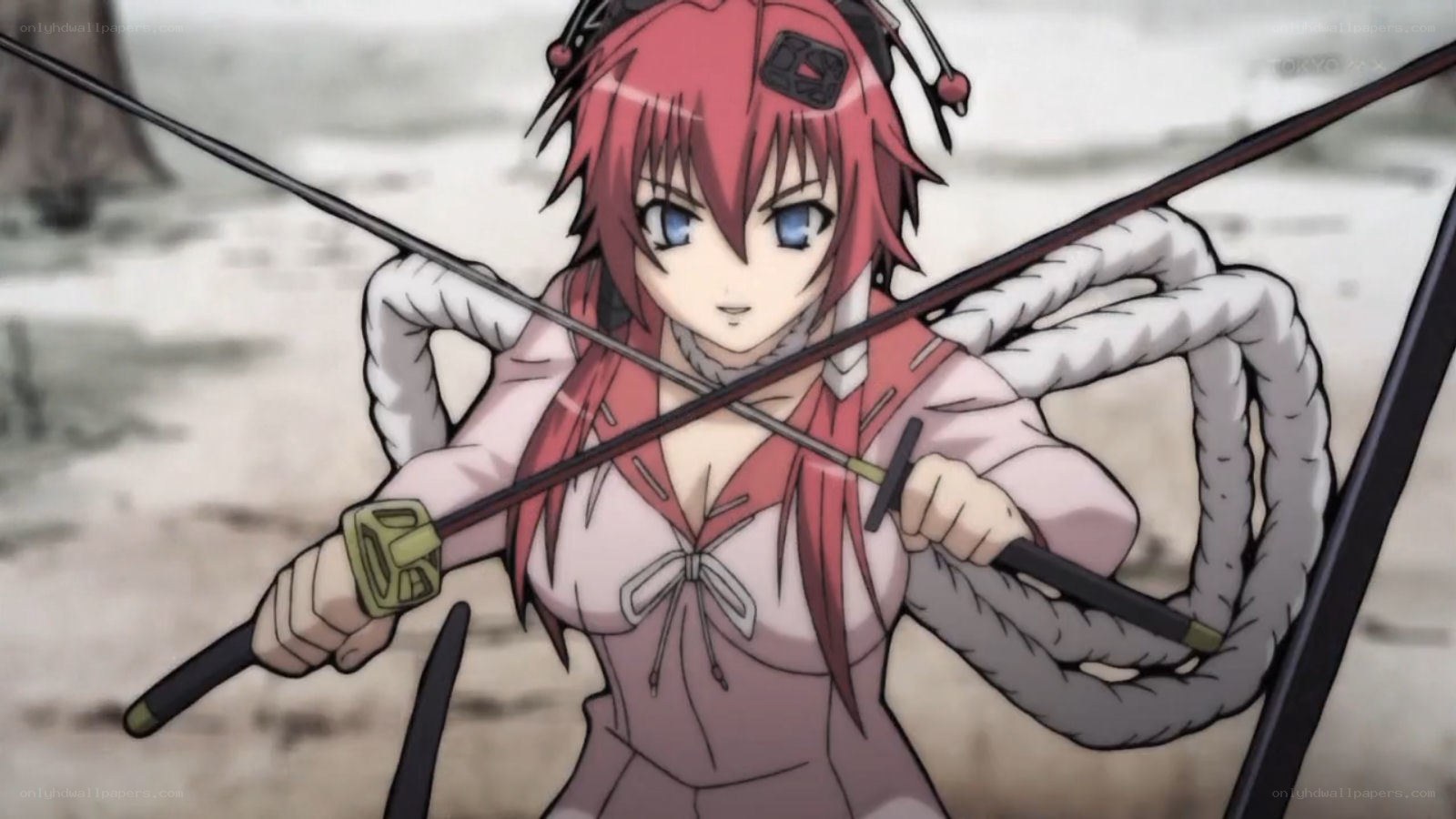 red-haired anime warrior with swords