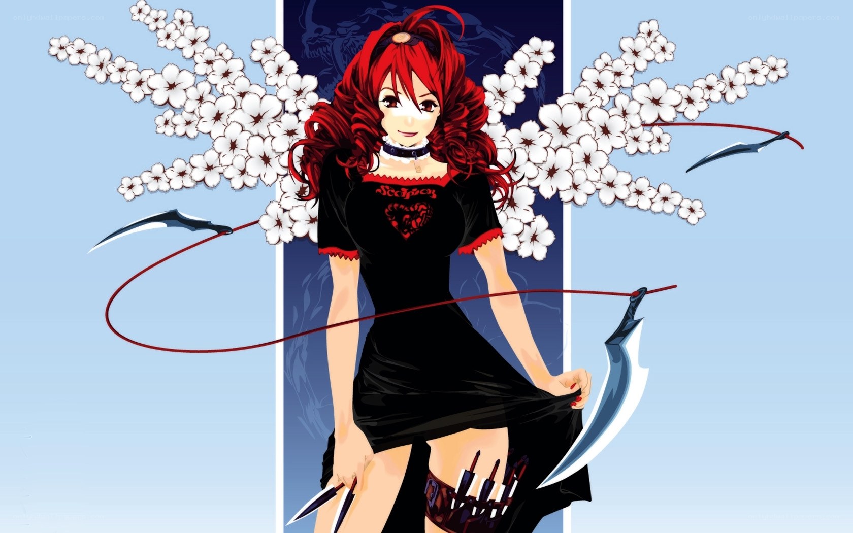 Red-haired anime warrior with weapons