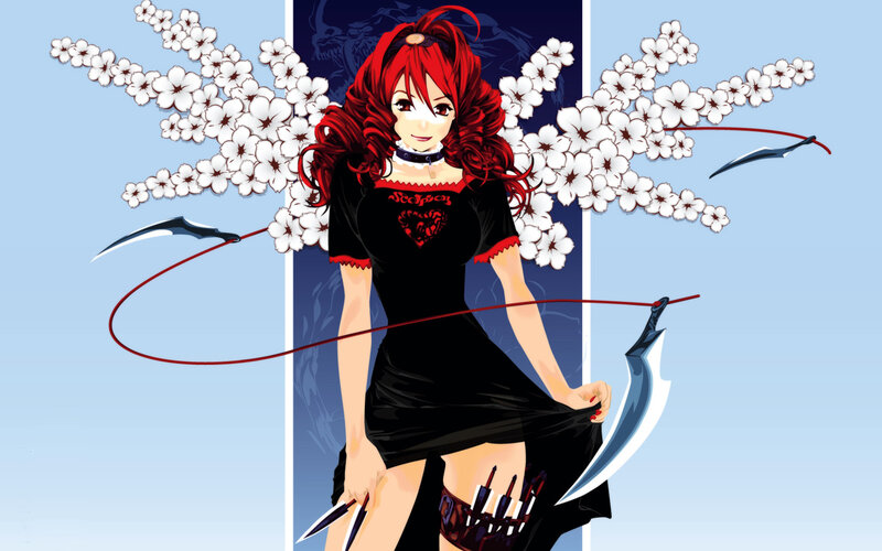 Red-haired Anime Woman — Black, Dramatic, Cherry Blossoms