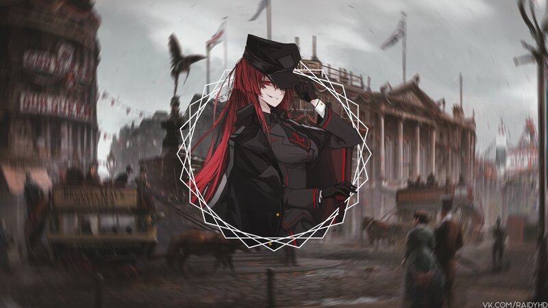 Red-haired Anime Woman — Black, Dramatic, Digital Art, City Street